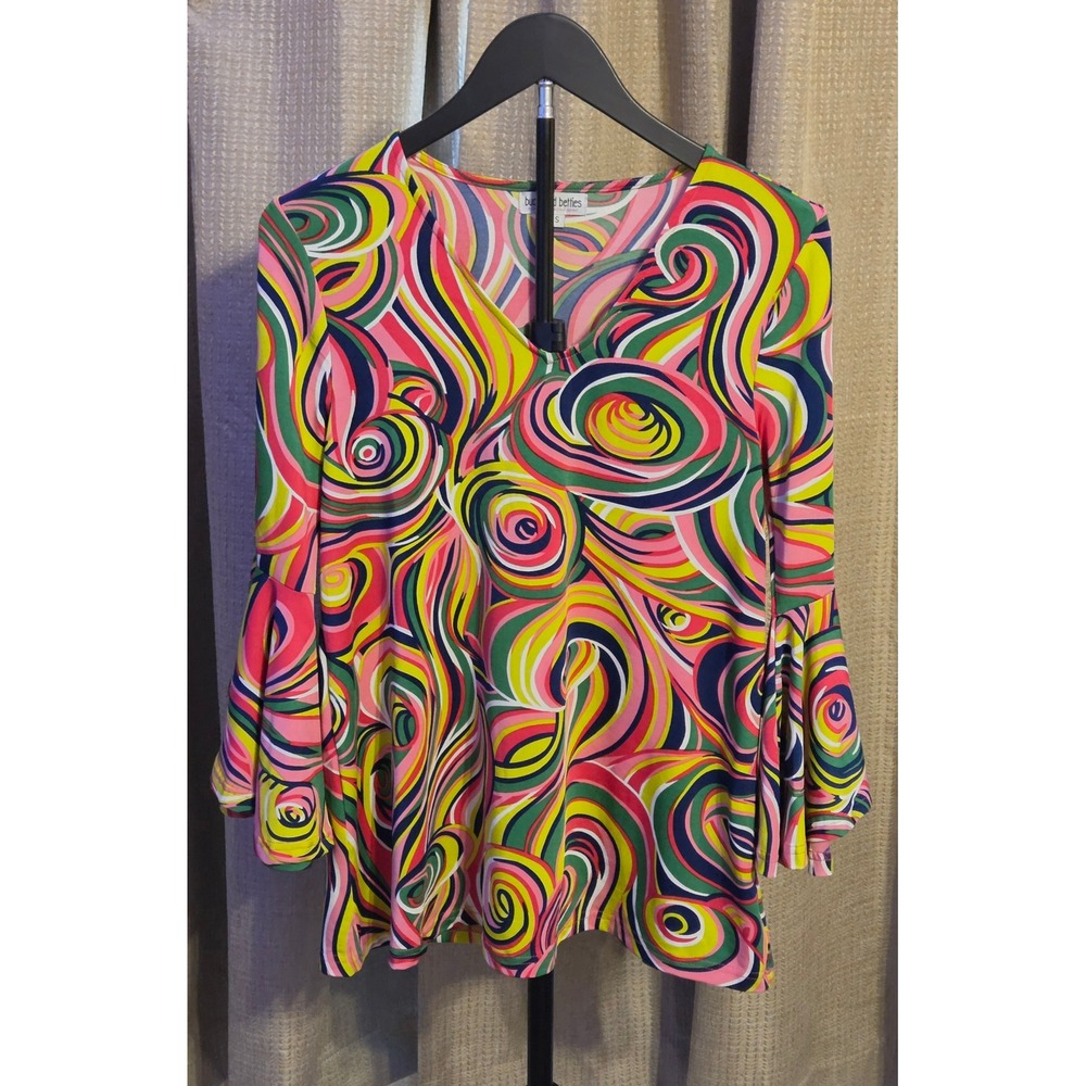 Buckhead Betties Groovy Tunic Blouse Women's Size Small Multicolor Bell Sleeves